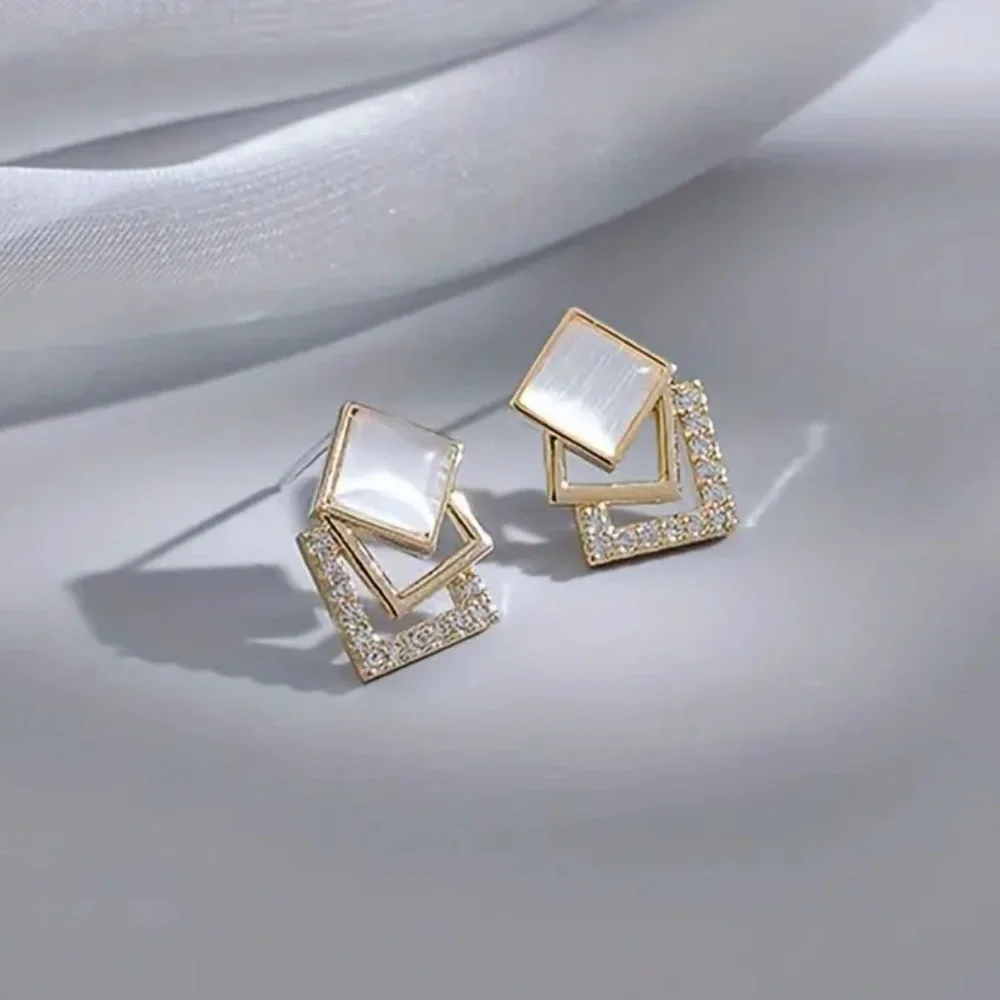 NEW Geometrical Square Modern Opal Cat Eye Stud Shinny Bright Evening Earrings